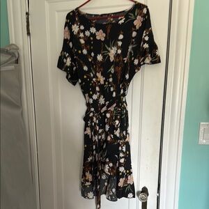 SHEIN Orange Black Wrap Tie Front Midi Dress